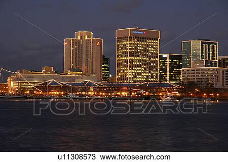 Stock Image -  Norfolk, VA, Virginia, Hampton Roads Area, skyline, evening. Fotosearch