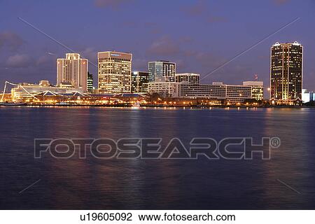 Stock Image -  Norfolk, VA, Virginia, Hampton Roads Area, skyline, evening. Fotosearch