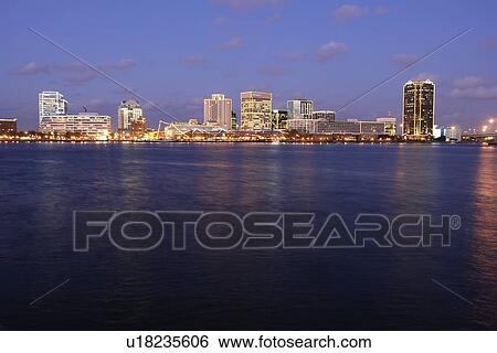 Stock Photograph -  Norfolk, VA, Virginia, Hampton Roads Area, skyline, evening. Fotosearch