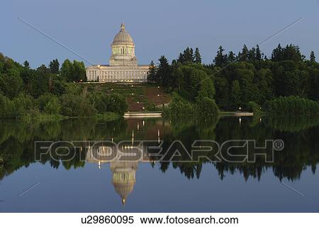 Stock Photography -  Olympia, WA, Washington, State Capitol, The Capitol Campus, Capitol Lake, evening. Fotosearch