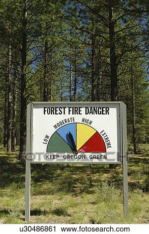 Stock Image -  OR, Oregon, Deschutes National Forest, Forest Fire Danger sign, Keep Oregon Green. Fotosearch