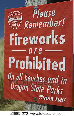 Stock Image -  OR, Oregon, Pacific Ocean, Pacific Coast Scenic Byway, Rt Route, Highway 101, Samuel H. Boardman Scenic Corridor, fireworks prohibited, warning signs. Fotosearch