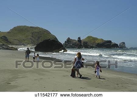 Stock Photo -  OR, Oregon, Pacific Ocean, Pacific Coast Scenic Byway, Rt Route, Highway 101, Samuel H. Boardman Scenic Corridor, Sea Stacks, family walking on the beach. Fotosearch