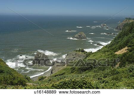 Stock Photo -  OR, Oregon, Pacific Ocean, Pacific Coast Scenic Byway, Rt Route, Highway 101, Samuel H. Boardman Scenic Corridor, Sea Stacks. Fotosearch