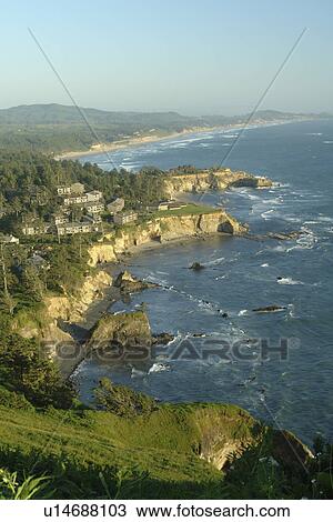 Stock Image -  Otter Rock, OR, Oregon, Pacific Ocean, Pacific Coast Scenic Byway, Rt Route, Highway 101, Oregon Beach from Cape Foul Weather. Fotosearch