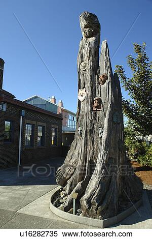Stock Photography -  Port Angeles, WA, Washington, Olympic Peninsula, Strait of Juan de Fuco, waterfront, wooden sculpture of heads. Fotosearch