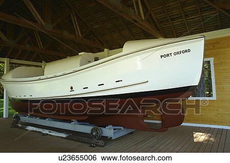 Stock Photograph -  Port Orford, OR, Oregon, Pacific Ocean, Pacific Coast Scenic Byway, Rt Route, Highway 101, Port Orford Lifeboat Station Museum. Fotosearch
