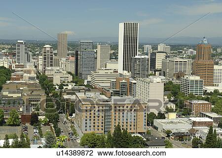 Stock Image -  Portland, OR, Oregon, downtown, aerial view from Washington Park. Fotosearch