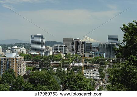Stock Image -  Portland, OR, Oregon, downtown, aerial view from Washington Park. Fotosearch