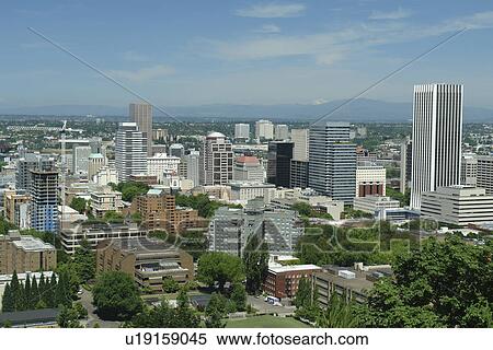 Stock Photography -  Portland, OR, Oregon, downtown, aerial view from Washington Park. Fotosearch