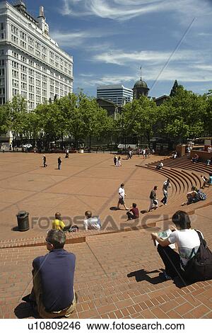 Stock Photograph -  Portland, OR, Oregon, downtown, Pioneer Courthouse Square. Fotosearch