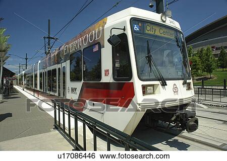 Stock Photograph -  Portland, OR, Oregon, MAX, Metropolitan Area Express, light rail train. Fotosearch