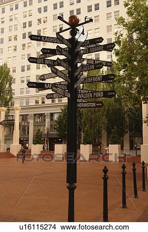 Portland, OR, Oregon, Pioneer Courthouse Square, mileage post, signs View Large Photo Image Picture - Portland, OR, Oregon, Pioneer Courthouse Square, mileage post, signs. Fotosearch