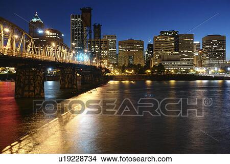 Portland, OR, Oregon, Willamette River, Hawthorne Lift Bridge, downtown, skyline, evening View Large Photo Image Picture - Portland, OR, Oregon, Willamette River, Hawthorne Lift Bridge, downtown, skyline, evening. Fotosearch
