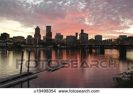 Picture -  Portland, OR, Oregon, Willamette River, downtown, skyline, sunset. Fotosearch