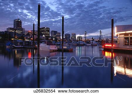 Picture -  Portland, OR, Oregon, Willamette River, downtown, skyline, Riverplace Marina, evening. Fotosearch