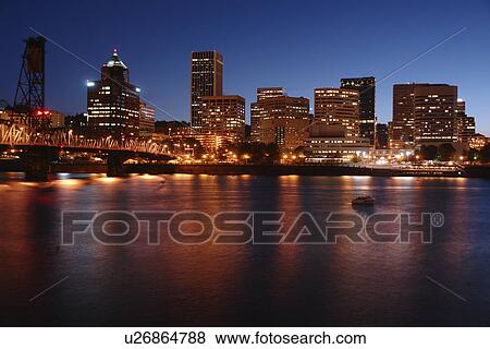 Portland, OR, Oregon, Willamette River, downtown, skyline, evening View Large Photo Image Stock Photo - Portland, OR, Oregon, Willamette River, downtown, skyline, evening. Fotosearch