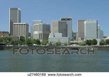 Stock Photo -  Portland, OR, Oregon, Willamette River, downtown, skyline. Fotosearch