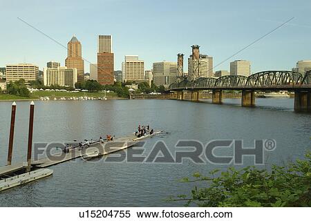 Stock Photography -  Portland, OR, Oregon, Willamette River, Hawthorne Lift Bridge, downtown, skyline. Fotosearch