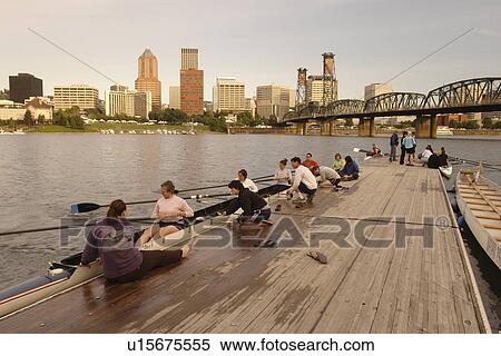 Stock Photography -  Portland, OR, Oregon, Willamette River, Hawthorne Lift Bridge, downtown, skyline, rowing teams, scull. Fotosearch