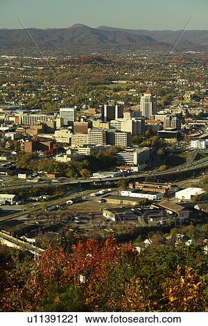 Stock Image -  Roanoke, VA, Virginia, Roanoke Valley, Downtown Skyline, aerial view from Mill Mountain. Fotosearch