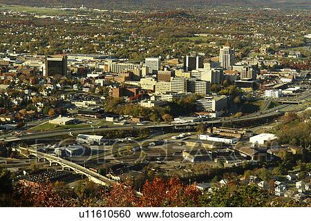 Stock Image -  Roanoke, VA, Virginia, Roanoke Valley, Downtown Skyline, aerial view from Mill Mountain. Fotosearch