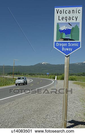 Stock Image -  Rogue River National Forest, OR, Oregon, Annie Creek Lookout, Volcanic Legacy Oregon Scenic Byway, Cascade Range, Rt. 62, road sign. Fotosearch