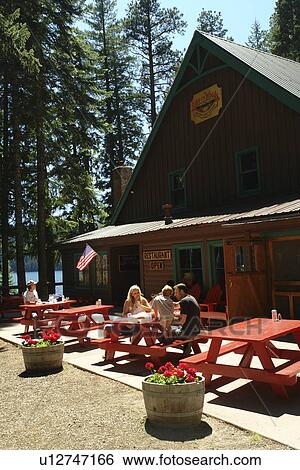 Stock Photograph -  Rogue River National Forest, OR, Oregon, Lake of the Woods Mountain Lodge and Resort, Cascade Range, restaurant, gill, picnic tables. Fotosearch