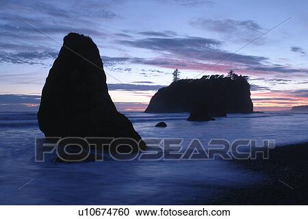 Stock Image -  Ruby Beach, WA, Washington, Pacific Ocean, Olympic Peninsula, Olympic National Park, sunset, seastacks, sea arches. Fotosearch