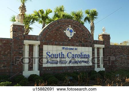 Stock Image -  SC, South Carolina, Welcome to South Carolina, Smiling Faces, Beautiful Places, entering, sign, stateline. Fotosearch