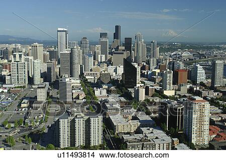 Seattle, WA, Washington, downtown, skyline, aerial from Space Needle View Large Photo Image Picture - Seattle, WA, Washington, downtown, skyline, aerial from Space Needle. Fotosearch