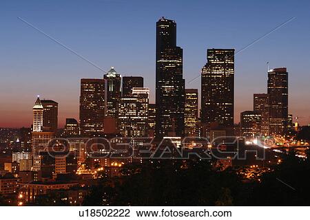 Stock Image -  Seattle, WA, Washington, downtown, skyline, evening. Fotosearch