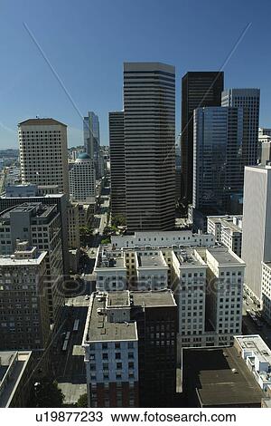 Stock Image -  Seattle, WA, Washington, downtown, skyline, aerial from Smith Tower. Fotosearch