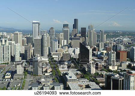 Seattle, WA, Washington, downtown, skyline, aerial from Space Needle View Large Photo Image Stock Image - Seattle, WA, Washington, downtown, skyline, aerial from Space Needle. Fotosearch