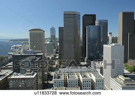 Stock Photo -  Seattle, WA, Washington, downtown, skyline, aerial from Smith Tower. Fotosearch