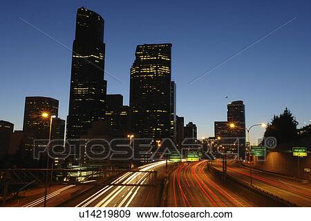 Seattle, WA, Washington, downtown, skyline, I-5, evening View Large Photo Image Stock Photo - Seattle, WA, Washington, downtown, skyline, I-5, evening. Fotosearch