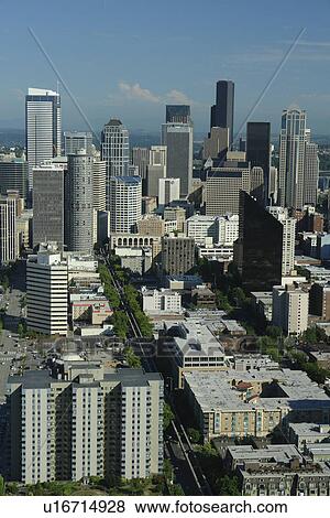 Seattle, WA, Washington, downtown, skyline, aerial from Space Needle View Large Photo Image Stock Photo - Seattle, WA, Washington, downtown, skyline, aerial from Space Needle. Fotosearch