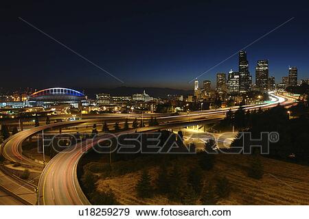 Seattle, WA, Washington, downtown, skyline, I-5, Qwest Field, evening View Large Photo Image Stock Photo - Seattle, WA, Washington, downtown, skyline, I-5, Qwest Field, evening. Fotosearch