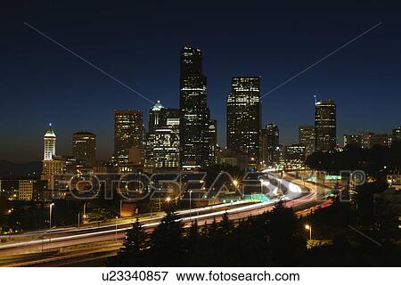 Stock Photo -  Seattle, WA, Washington, downtown, skyline, I-5, evening. Fotosearch