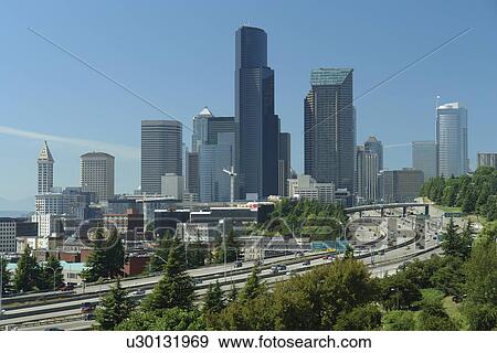 Stock Photo -  Seattle, WA, Washington, downtown, skyline, I-5. Fotosearch