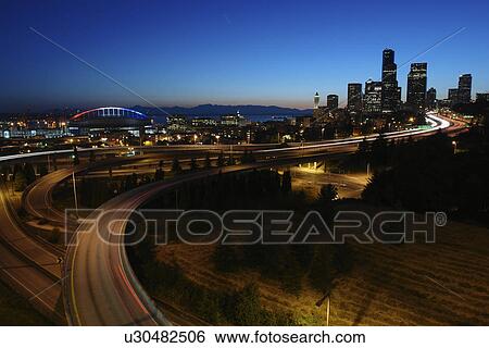 Seattle, WA, Washington, downtown, skyline, I-5/I-90, evening View Large Photo Image Stock Photograph - Seattle, WA, Washington, downtown, skyline, I-5/I-90, evening. Fotosearch