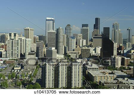 Seattle, WA, Washington, downtown, skyline, aerial from Space Needle View Large Photo Image Stock Photography - Seattle, WA, Washington, downtown, skyline, aerial from Space Needle. Fotosearch