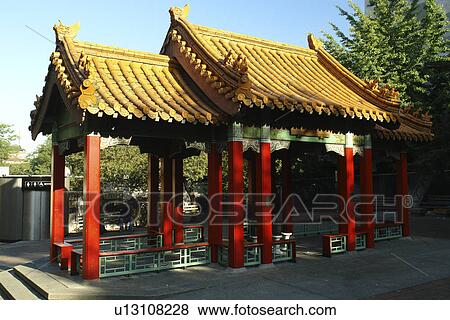 Stock Photo -  Seattle, WA, Washington, Hing Hay Park, International District, Chinatown, Pagoda, Grand Pavilion. Fotosearch