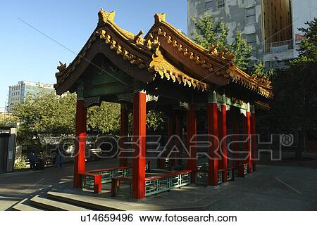 Stock Photograph -  Seattle, WA, Washington, Hing Hay Park, International District, Chinatown, Pagoda, Grand Pavilion. Fotosearch
