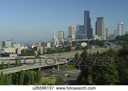 Stock Photo -  Seattle, WA, Washington, I-5, downtown, skyline. Fotosearch