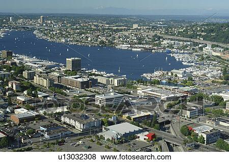 Seattle, WA, Washington, Lake Union, aerial from Space Needle View Large Photo Image Stock Photo - Seattle, WA, Washington, Lake Union, aerial from Space Needle. Fotosearch