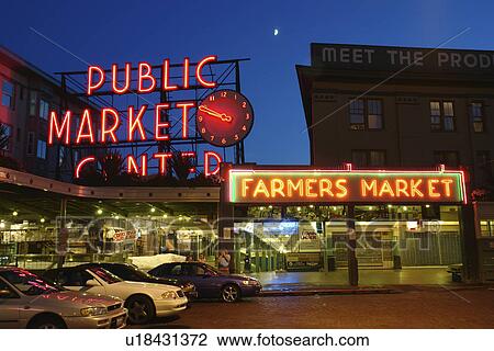 Seattle, WA, Washington, Public Market Center, Farmers, Pike Place Market, evening View Large Photo Image Stock Image - Seattle, WA, Washington, Public Market Center, Farmers, Pike Place Market, evening. Fotosearch