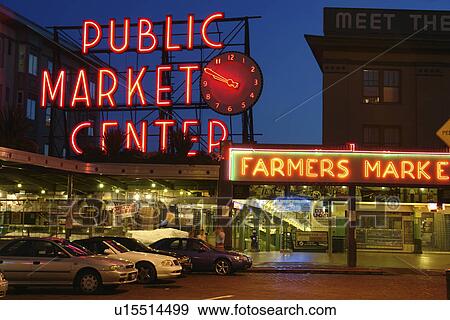 Seattle, WA, Washington, Public Market Center, Farmers, Pike Place Market, evening View Large Photo Image Stock Photo - Seattle, WA, Washington, Public Market Center, Farmers, Pike Place Market, evening. Fotosearch