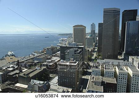 Seattle, WA, Washington, Puget Sound, downtown, skyline, aerial from Smith Tower View Large Photo Image Picture - Seattle, WA, Washington, Puget Sound, downtown, skyline, aerial from Smith Tower. Fotosearch