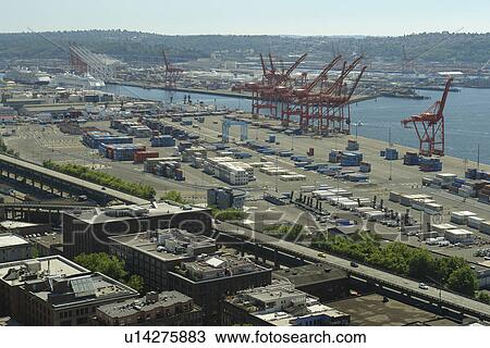 Stock Image -  Seattle, WA, Washington, Puget Sound, port, harbor, aerial from Smith Tower, observation deck. Fotosearch